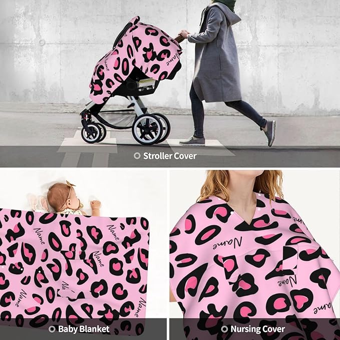 Personalized Baby Car Seat Canopy for Babies with Name, Custom Pink Leopard Print Stroller Car Seat Covers for Girls, Minky Nursing Carseat Cover for Breastfeeding, Car Seat Canopies for Newborn