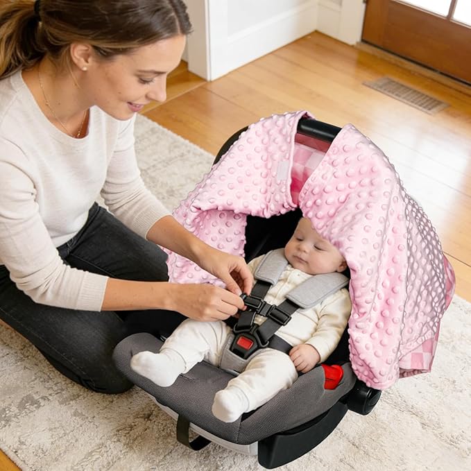 Baby Car Seat Cover, Minky Carseat Cover Baby Girl, Peekaboo Opening Infant Car Seat Cover, Warm Baby Car Seat Canopy for Winter, Pink Checkered