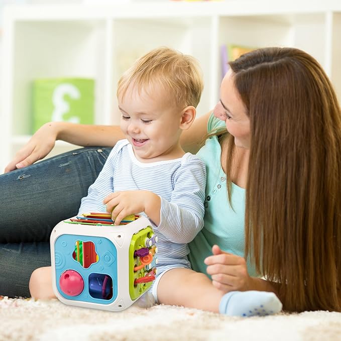 Aprilwolf Montessori Toys for Toddlers, 7-in-1 Activity Cube, Shape Sorter Toy| Baby Developmental Learning Toys| First Birthday Gifts