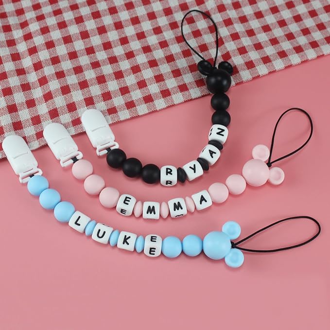 Personalized Pacifier Clip with Name, Pacifier Holder Clips Customized with Name, Paci Clip with Mouse Head Design for Baby