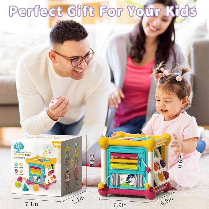 Baby Activity Cube, 6-in-1 Educational Early Development Toy with 4 Sensory Shape Blocks, Music Busy Board, Montessori Toys for 1 2 Year Old, Birthday Gift for 1 Year Old