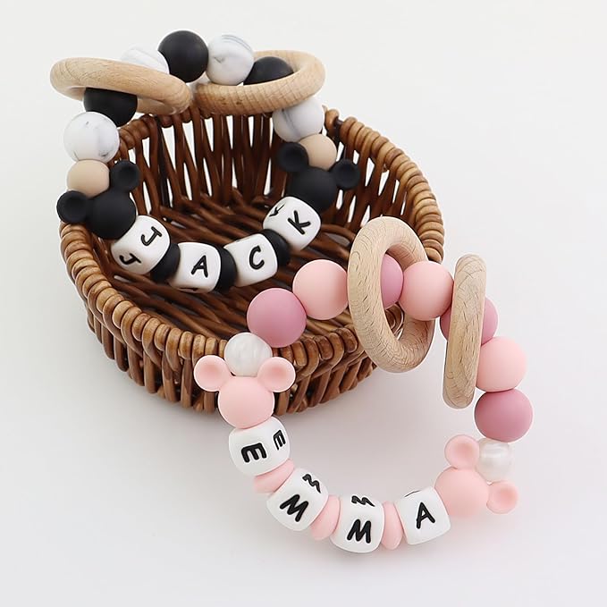 Personalized Baby Teether Rattle with Name - Custom Wooden Teething Toy for Boys & Girls - Handmade Mouse Keepsake Baby Shower Gift (Pink)