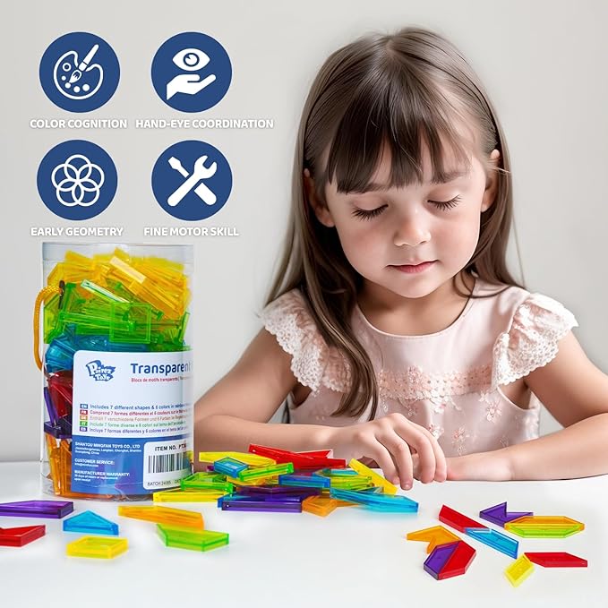 Pairez Toys Transparent Pattern Blocks, 126 Pcs Geometric Shapes Blocks, Tangram Puzzles, Practice Sorting Counting Patterning, Math Manipulatives for Kids, Back to School Supplies, Teacher Supplies