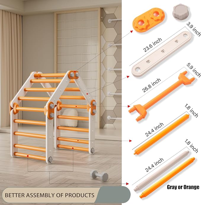 Toddler Climbing Toys,Kids Pikler Triangle Set,Montessori Indoor Play Gym,Multifunction Foldable Indoor Climbing Gym for Kids(Orange)