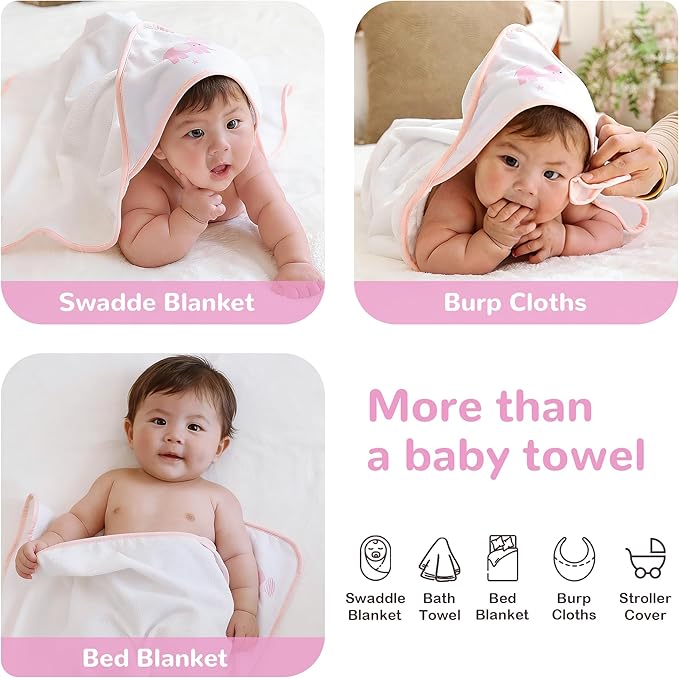 Viviland 6 Pcs Hooded Baby Towels and Washcloths Set, Super Gentle Bath Towels for Newborn Face & Body, Absorbent Wash Cloth for Infants Girls, Pink-Elephant Pattern, 28 x 28 inch