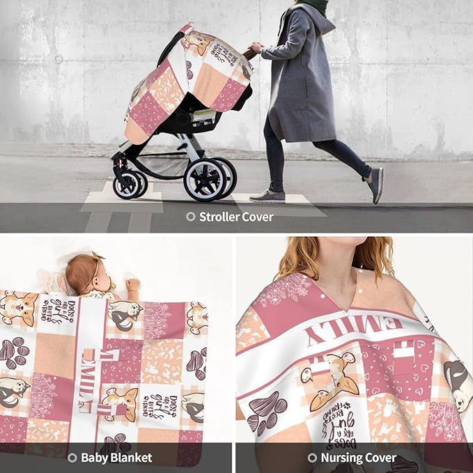 Personalized Baby Car Seat Canopy for Girls, Custom Name Baby Car Seats Covers for Babies, Opening Minky Nursing Breastfeeding Stroller Cover Infant Carseat Canopies for Newborn (Cute Puppy Pink)