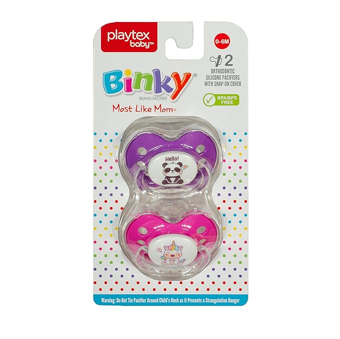 Playtex Baby Binky Orthodontic Pacifier with Snap-On Cover, Air Comfort Shield, Medical Grade Silicone, Up to 6 Months, Pink & Purple (2 Count)