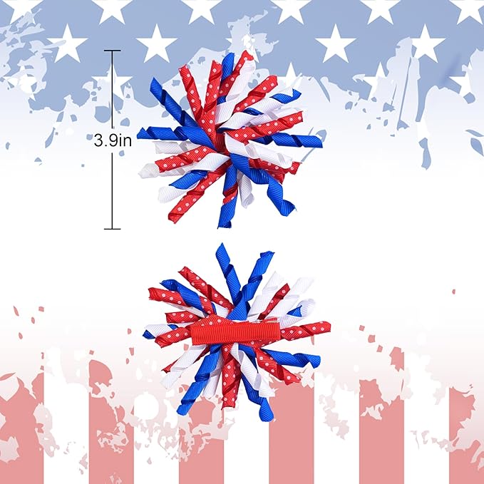 Yxiang Patriotic Korker Hair Bow Clips Hair Accessories for Kids Girls 4th of July Party Accessories Red White Blue Bows Favors Decorations 2pcs