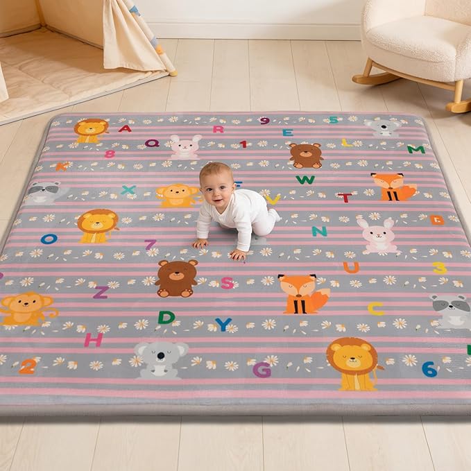 RONGFA Baby Play Mat for Floor, 71'' x 59'' Thicken Foam Padded Playmat for Tummy Time, Playpen Mat for Toddlers Infant Kids, Water-Repellent Coral Velvet, Non-Slip Bottom Safe for Crawling (Lion)