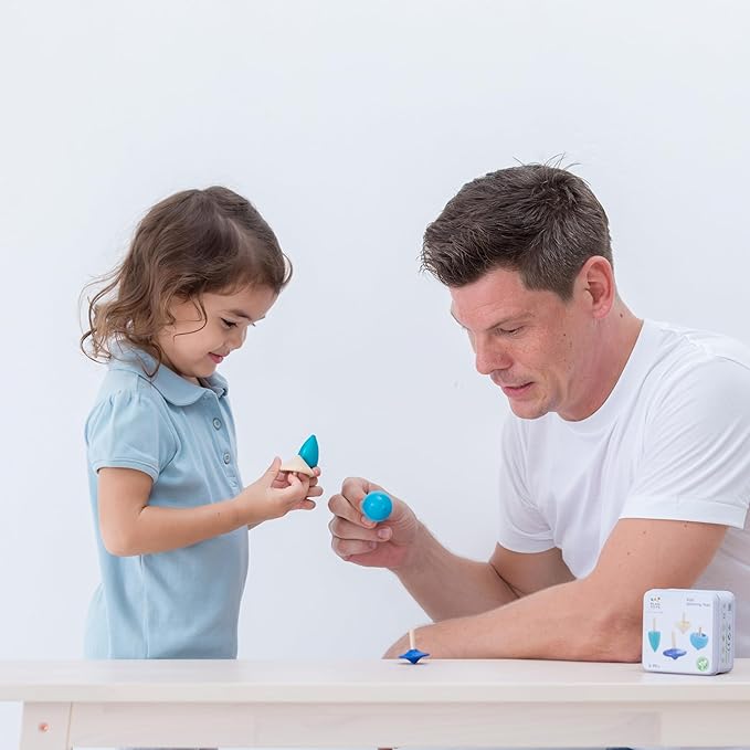 PlanToys® Mini Wooden Spinning Tops Set | 4 Colorful Eco-Friendly Montessori Toys for Toddlers | Travel Toys for Kids | Sensory Fidget Toys for Focus & Coordination