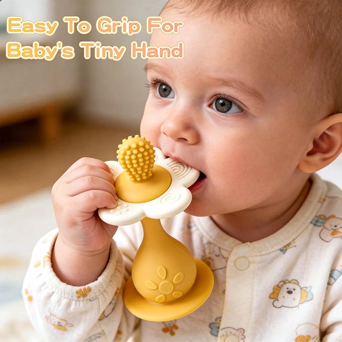 Baby Silicone Flower Teether & Rattle Toys for Babies 0-24 Months, Nipple-Shaped End for Sucking Needs - 360° Toothbrush Teether Head for Sore Gums, Stand-up Base, Flower Texture, Easy to Grip -Yellow