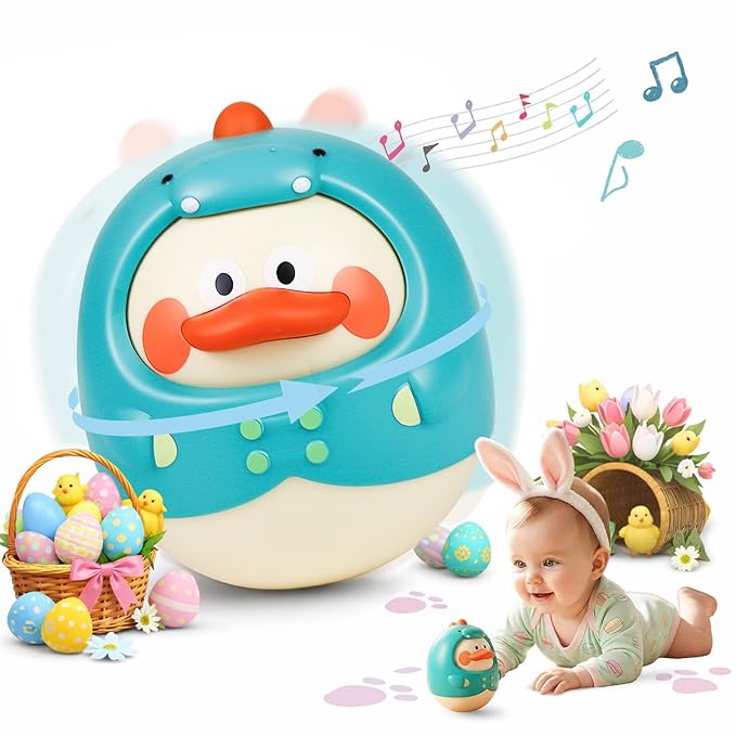 Musical Wobbler Toy, Tinabless Roly Poly Baby Toys, Dinosaur-Duck Tummy Time Toy | Tumbler Wobbler Toys for Newborns 3-12 Month Baby Boys and Girls Easter Basket Gifts Stocking Fillers(Blue)