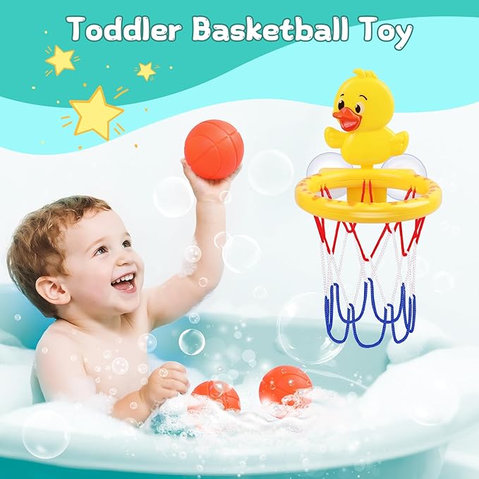 Bath Toys, Bathtub Basketball Hoop for Toddler Kids, 3 Soft No Hole Balls & Bath Basketball Hoop with Strong Suction Cup, Yellow Duck Baby Shower Bath Toys Set for Boys and Girls
