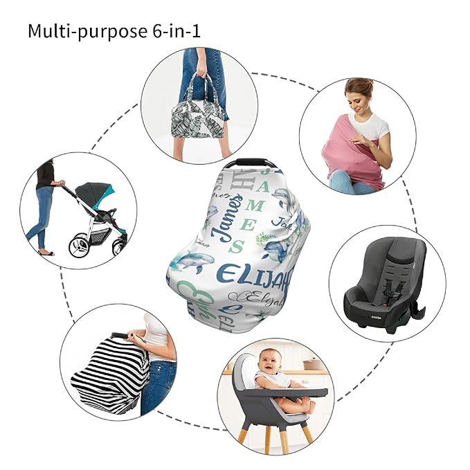 Personalized Baby Car Seat Cover with Name Stroller Canopy Custom Whale Carseat Cover Newborn Baby Boy Girl Nursing Cover for Moms First Birthday Gift