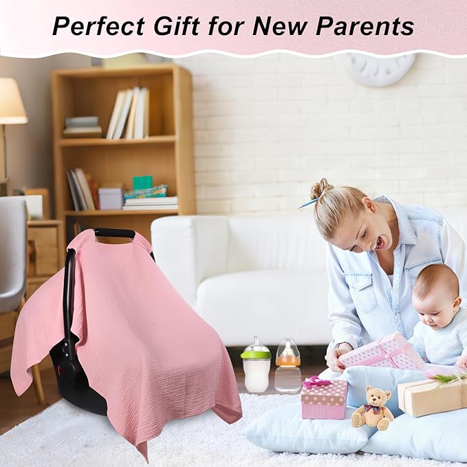 Carseat Covers Baby Girl, Soft Muslin Cotton Baby Car Seat Cover, Lightweight Breathable Infant Carseat Cover for Sunshade & Privacy, Car Seat Covers for Babies (Blush Pink)