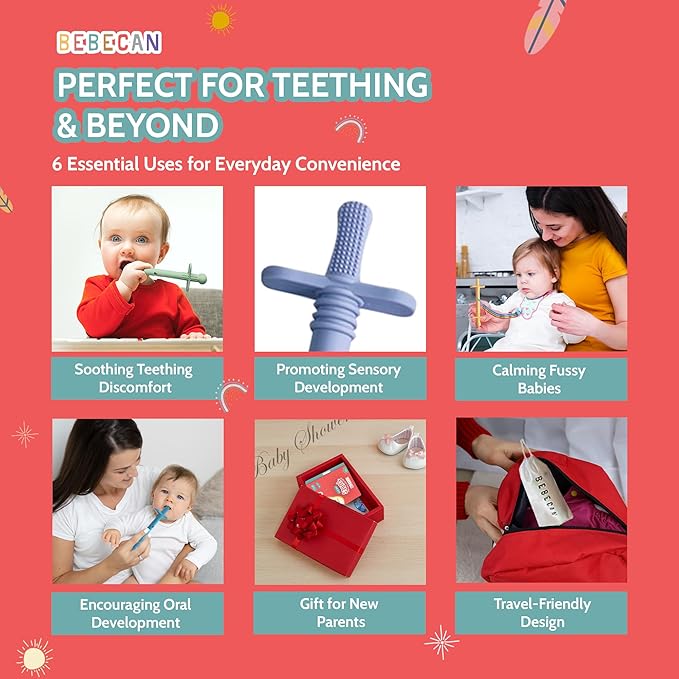 Bebecan Shielded Teething Tubes – Baby Teething Relief 0-36 Months, Anti-Choking Design, Clip-Attachable, BPA-Free Silicone, 5 Soft Tubes + 2 Teether Clips + 2 Brushes + Storage Bag