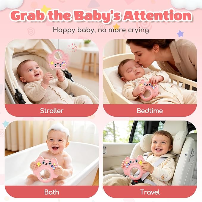 Silicone Baby Teething Toys for 0-6-12 Months, Kitten Remote Rattle Teether for Infant Gum Relief, No BPA Chew Toy for Infant 0-3-6-9-12, Easy-Grip Ring Gift for Travel & Bath