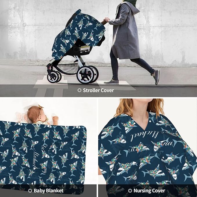 Personalized Baby Car Seat Canopy for Babies with Name, Custom Cute Shark Stroller Car Seat Covers for Boys Girls, Nursing Carseat Cover for Breastfeeding, Car Seat Canopies for Infant Newborn