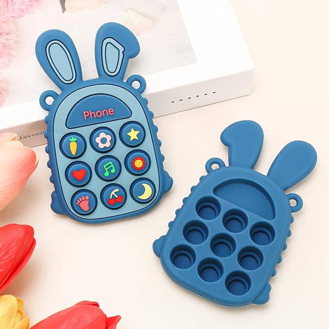 MISSLILI Teething Toys for Babies, BPA-Free Silicone Teether Toy for Infants, Cute Rabbit Phone Design with Easy-Grip Ears, Soothing Gums and Push Pop for Boy and Girl