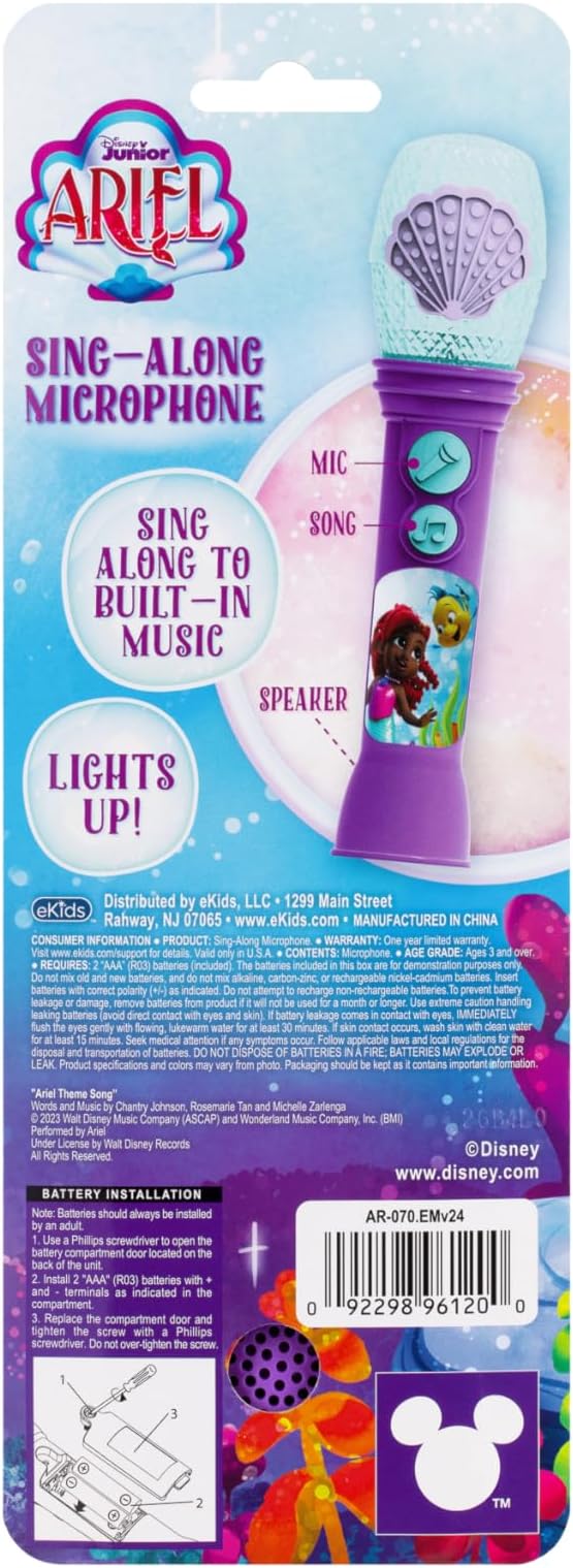 eKids Disney Junior Ariel Microphone Toy for Toddlers, Includes Built-in Music and Lights, Designed for Fans of Ariel Toys