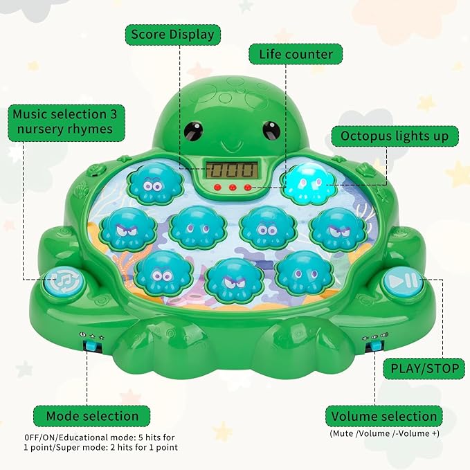 Interactive Whack A Octopus Game for Ages 2-4,Educational Toddlers Toys for 2 3 4 5 6 Year Old Boys Girls, Green, Digital Display, Silent Mode,Multiple Difficulty Levels Fun Birthday Gifts