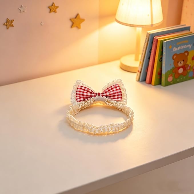Baby Girls Hairbands Bow Lace Headband Handmade Soft Stretchy Pink Bowknot Hairbands Newborn Hairband with Bows Elastic Hair Bands for Kids Infant(Red Plaid Bow