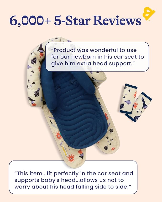 GoldBug Deluxe Duo Car Seat Head Support + Matching Strap Covers for Baby and Infant - Space Explorer