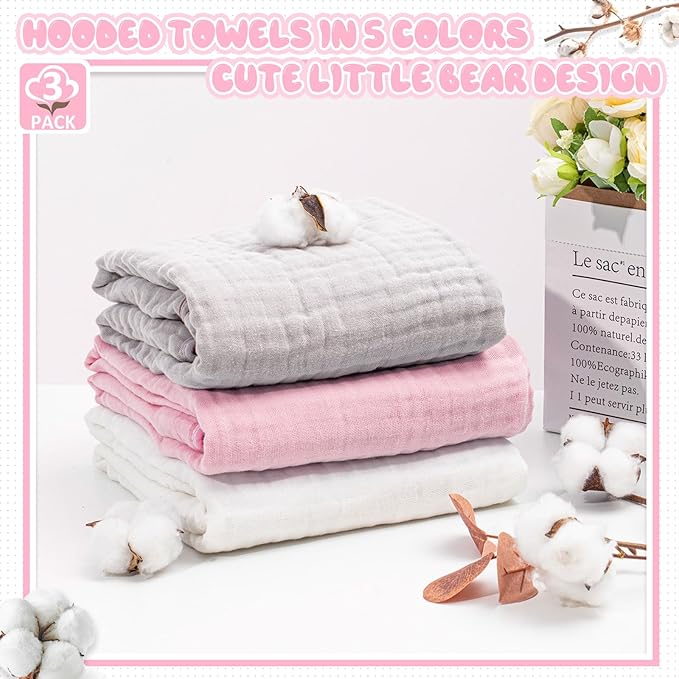 Preboun 3 Pcs Muslin Baby Hooded Towels Cotton Absorbent 6 Layers Cute Bath Toddler Towels for Newborn Kids Girl Infant Boys Toddler Shower Gift Supplies (Grey,Pink,White)