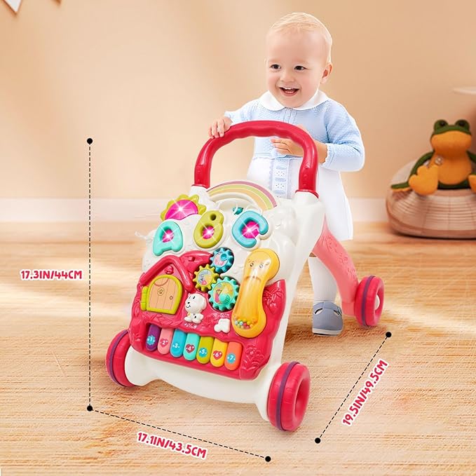 Sit-to-Stand Learning Walker 3 in1 Baby Walker Early Education Activity with Weight Gain Design Sounds Music Phone Multifunctional Removable Play Panel Educational Push Toy Gift for Boys Girls(Pink)