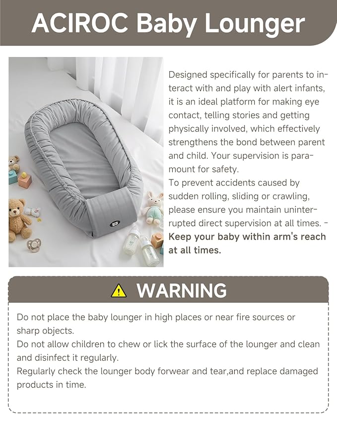 Baby Lounger, Adjustable Baby Lounger for Newborn 0-24 Months, Breathable & Soft Infant Lounger,Tummy Time Lounger for Home and Travel,Baby Girls & Boys Babies Stuff, Mother's Day Gift for Her, Grey