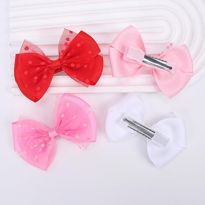 Tiny 3 Inch Dot Organza Double Hair Bow Clips - Cute Lined Boutique Alligator Hairpin for Girls, Toddlers, and Little Teens - Kids Barrettes Set of 2 Small Stylish (White)