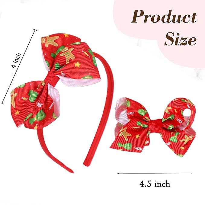 Christmas Bow Headband & 2 Pcs 4 Inch Hair Bows Set, Black School Hair Accessories for Little Toddler School Girls (Red Christmas)
