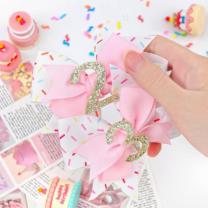 YanJie 1pcs 4'' Baby Hair Bow for 2 Years Old 2nd Birthday Outfit Girl Birthday Decorations for Girl Glitter Infants Hair Clips Accessories with Bows