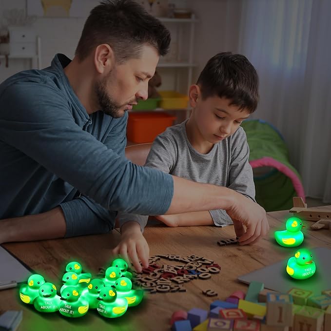 Deekin 100 Pcs LED Light up Mental Health Rubber Duck Mental Health Awareness Items 2'' Green Ribbon Cute Small Rubber Ducks Glow Toy Gifts for Fundraiser Party Supplies