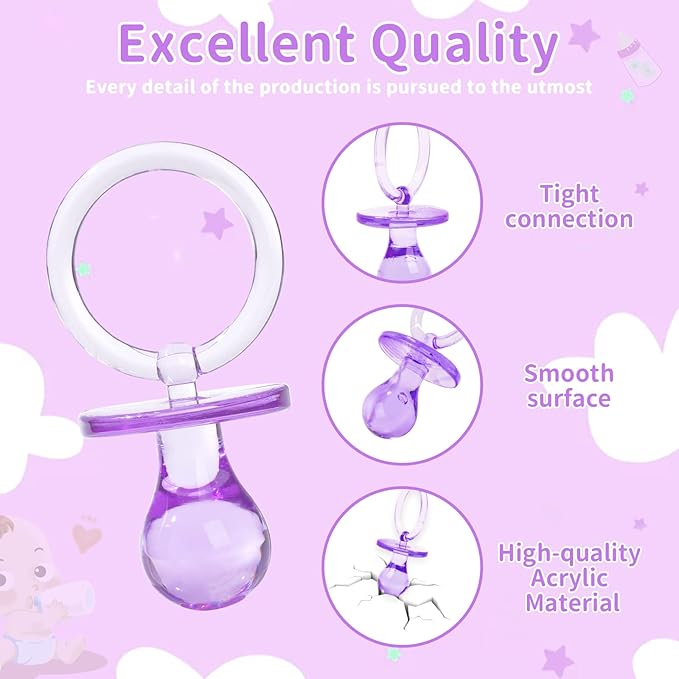 Pacifiers for Baby Shower Game, 36 Plastic Pacifiers for Baby Shower Decoration DIY, Large Size Baby Shower Pacifiers, Gender Reveal Party Table Scatter/Hunt Baby Shower Game Props(Purple, 2.75 in)