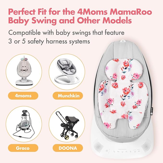 Mamaroo Infant Insert Compatible with 4moms MamaRoo & RockaRoo Swing | Enlarged Head & Body Support Cushion, Reversible Design, Soft Breathable Fabric with Flowers, Machine Washable