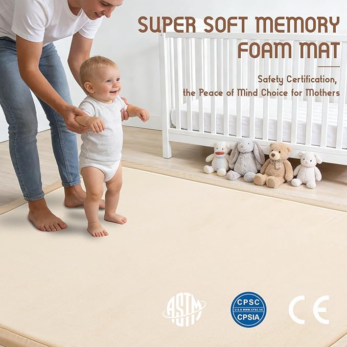 Baby Play Mat for Floor, 1.3 Inch Thick Memory Foam Tummy Time Mat with Non Slip Backing, Soft Coral Velvet 50×50 Inch Playpen Mat Crawling Tatami for Infants Toddlers Kids, Beige