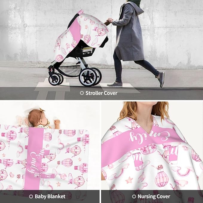 Personalized Baby Car Seat Canopy for Babies, Custom Name Car Seat Covers for Baby Girl, Hot Air Balloons Opening Minky Nursing Breastfeeding Cover for Infant, Carseat Canopies for Newborn