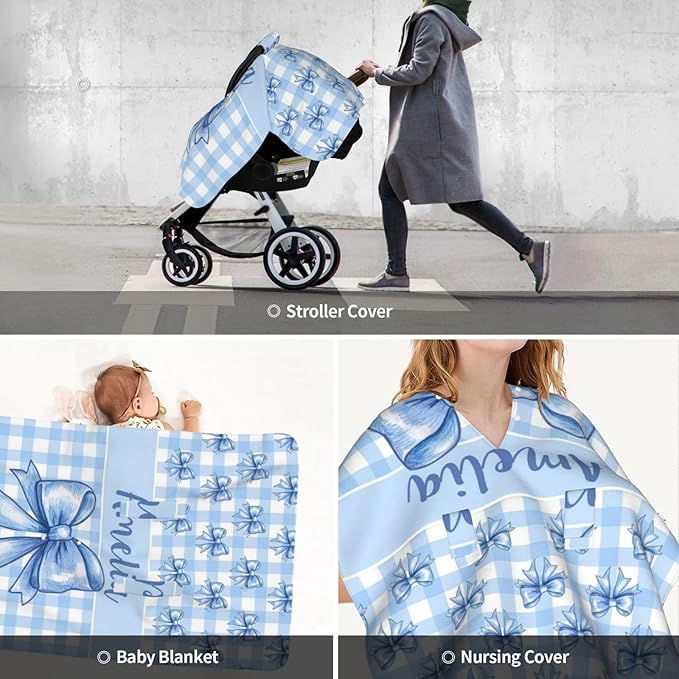 Personalised Baby Car Seat Cover with Name, Customized Bows Carseat Covers for Babies Girls, Windproof Sun Protection Baby Carseat Canopy, Multi-use Nursing Breastfeeding Covers for Infant