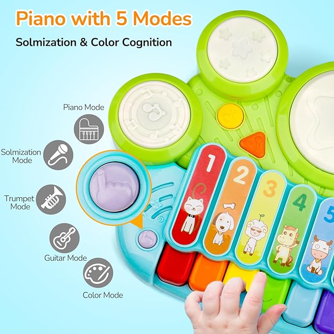 Baby Piano Drum Set for Toddlers 1-3, Musical Toys 3 in 1 Baby DJ Table Piano Keyboard Xylophone Instruments for 1 2 Year Old Boys Girls Music & Light Activity Table 6-12-18 Months Old Birthday Gifts
