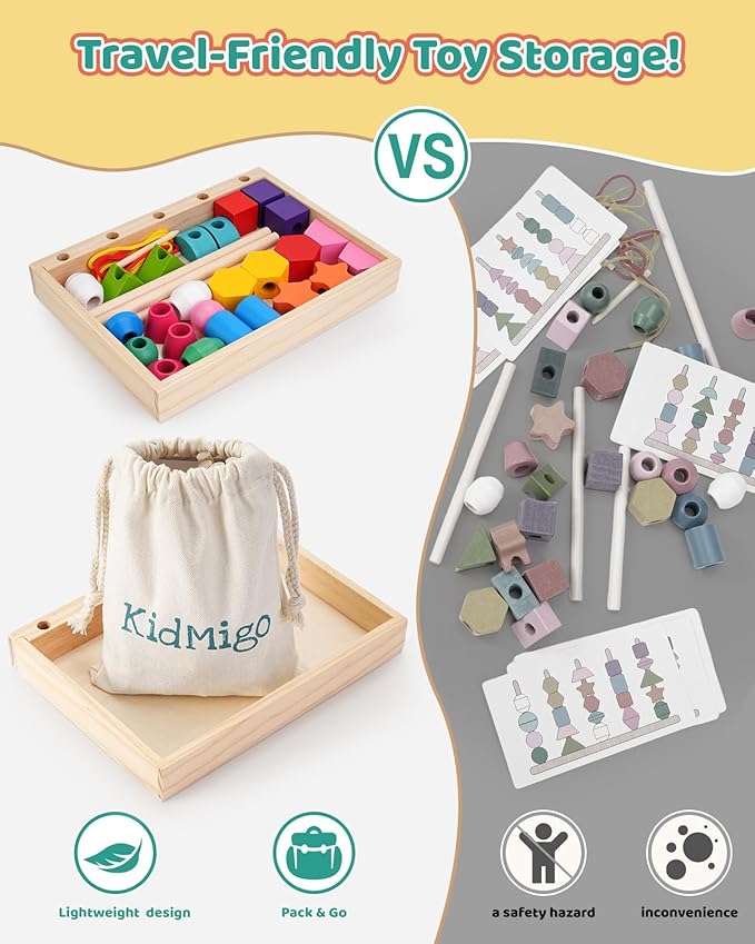 Montessori Toys for 3 Year Old, Stacking Toys for Toddlers, Stacking Blocks, Lacing Beads, Matching Shape Preschool Toys, Montessori Toys for 3 4 5 Year Olds with Canvas Storage Bag