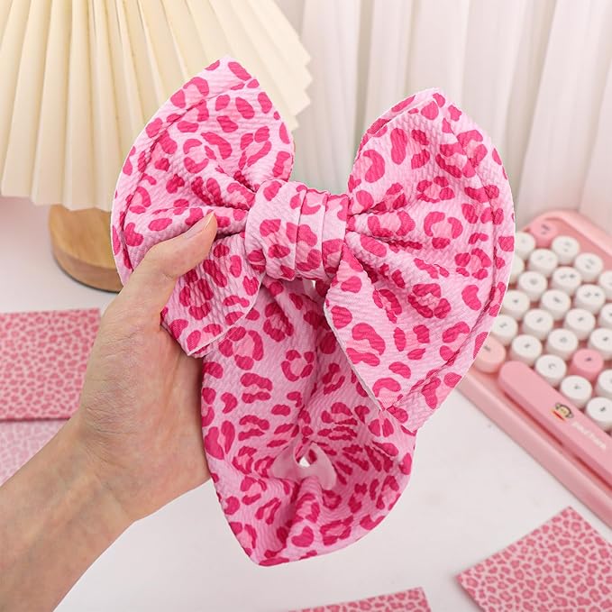 YanJie 7'' Bows for Baby Girl Pink Leopard Print Headbands for Girls Hot Pink Bow Toddler Hair Accessories Newborn Infant Baby Headband