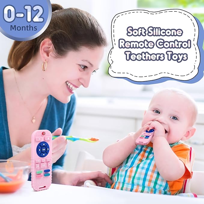 Baby Teething Relief Sensory Chew Toys for 3 6 9 12 Months, Silicone Infant Teether Remote Control Bath Toy for Newborn Toddlers Boy Girl Autism Baby Shower Birthday or Easter Gifts, Dark Pink
