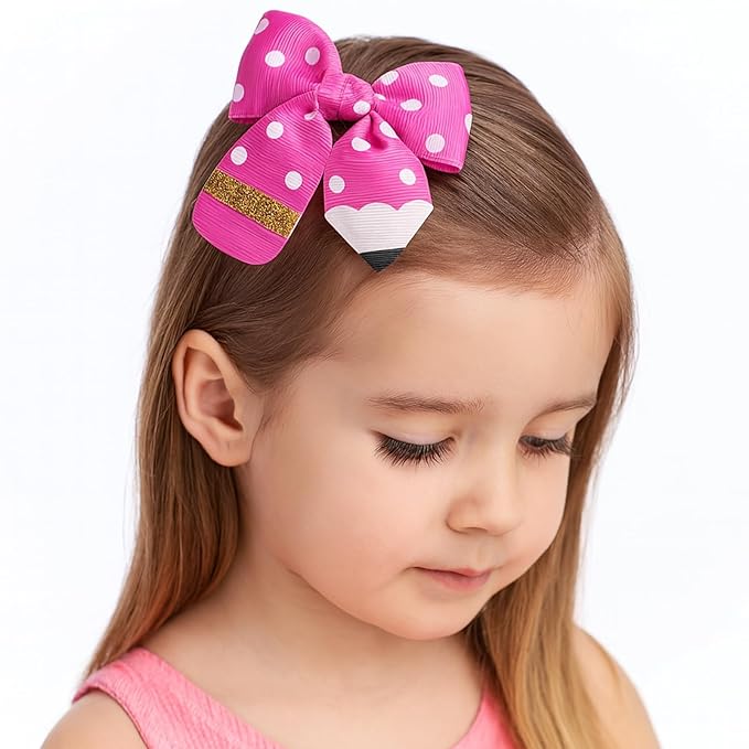YKW Pink Polka Dot Pencil Hair Bow Clip for Girls - Cute School Themed Grosgrain Ribbon Accessory with Secure Metal Fastener - First Day Teacher Gift - 3.9 Inch