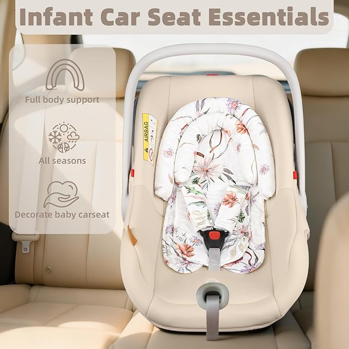 2-in-1 Infant Car Seat Insert, Upgraded Newborn Carseat Insert, Breathable & Soft Baby Car Seat Head Support with 2 Strap Covers for Girls, Perfect for Carseat, Stroller, Swing, White Flower