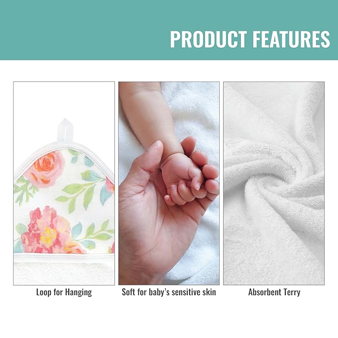 Featherhead™ 5-Piece 100% Cotton Muslin Hooded Bath Towel & Washcloths Set for Baby Girl - Ultra Soft and Extra Absorbent - Newborn Essential & Perfect Baby Registry Gift (Garden Floral)