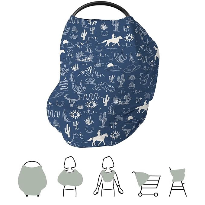 Western Cowboy Car Seat Cover for Babies Wild West Cactus Mountain Snake Cattle Skull Sun Stretchy 5-in-1 Covers Adjustable Car Canopy Breastfeeding Cover Desert Adventure Breathable Nursing Cover-Up