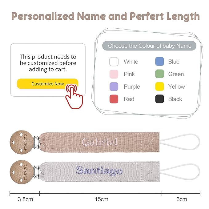 TYRY.HU Personalized Pacifier Clip with Name, Embroidery Pacifier Holder for Baby Girls and Boys, Neutral Binky Clips Universally Fit All Pacifiers, Baby Gift, 2 Pack(Grey,Khaki)