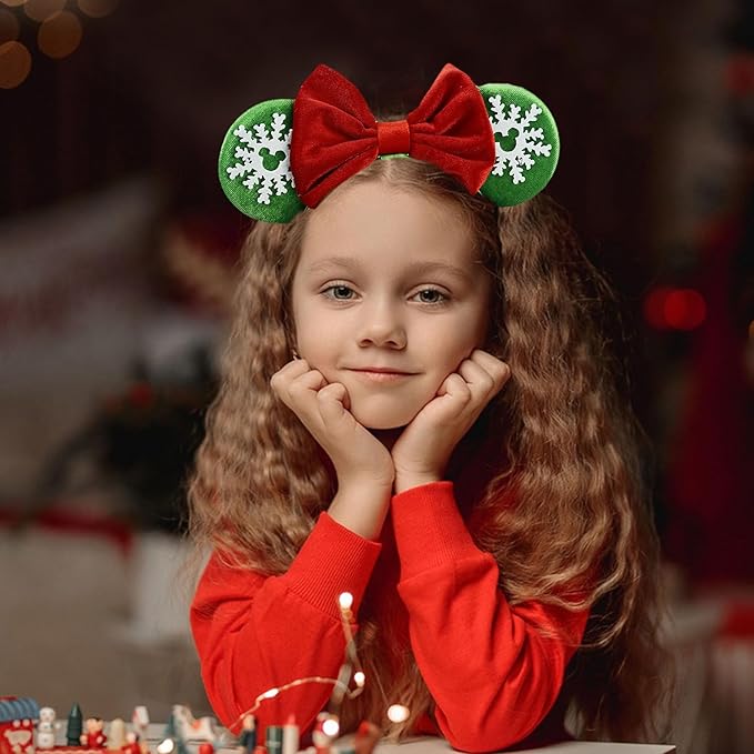 JIAHANG Velvet Mouse Ears Elastic Headband with Red Bow, Baby Girls Hair Bow Adjustable Hairband, Fashion Headwear for Newborn Infant Toddlers