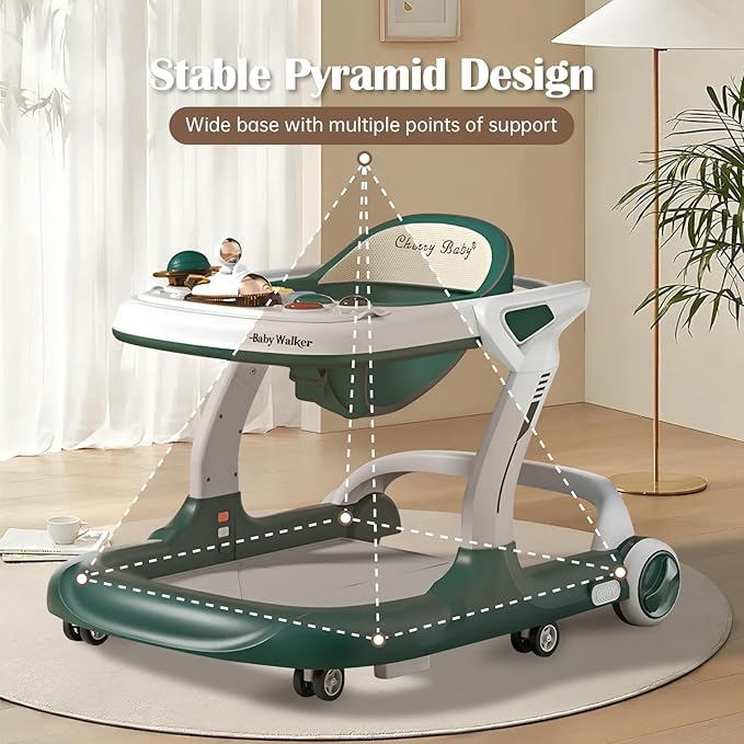Baby Walker with Wheels Music and Lights with 9 Adjustable Heights Anti-Fall Baby Walker and Bouncer Combo for Boys Girls Babies 6-18 Months (Green and White)